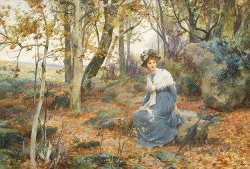 Woman Sitting in Woods Alfred Glendening JR girl autumn landscape beautiful lady Oil Paintings